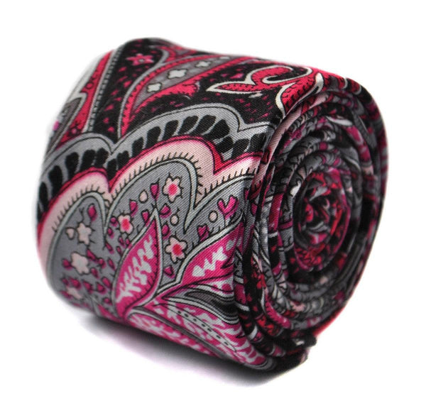 black and pink paisley skinny linen tie